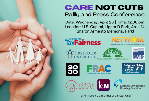 Promo graphic for Care Not Cuts event on April 26 on Capitol Hill