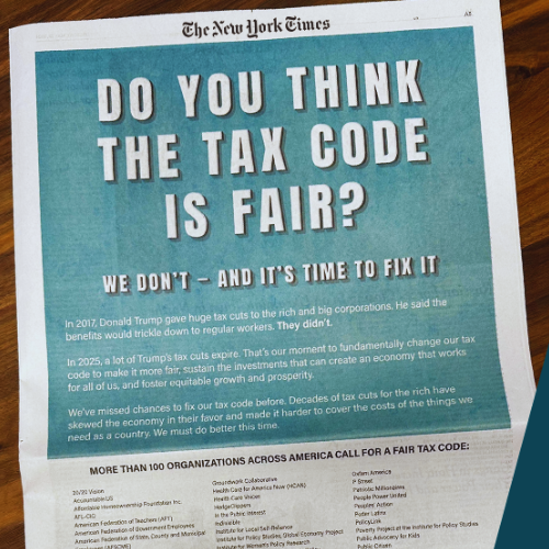 NY Times Tax Code Revision ad signed by NETWORK and other social justice organizations.
